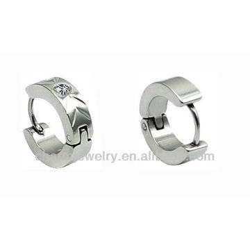 Paire de petites boucles d'oreilles en argent Huggie avec cristaux clairs (Diamètre: 9mm. Largeur: appx 6mm) Acier inoxydable HE-001